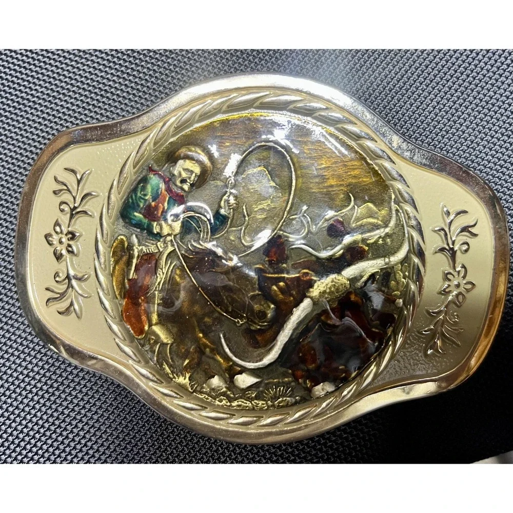 MBCI Belt Buckle Mens Gold Tone Western‎ Cowboy Rodeo Roping Longhorn Enamel